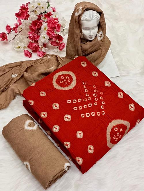 red bandhani print unstitched suit set - 20192970 - Very Small Image - 1