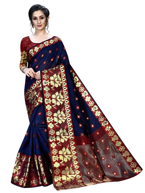 dark blue silk blend banarasi saree with blouse - 20195023 - Very Small Image - 1