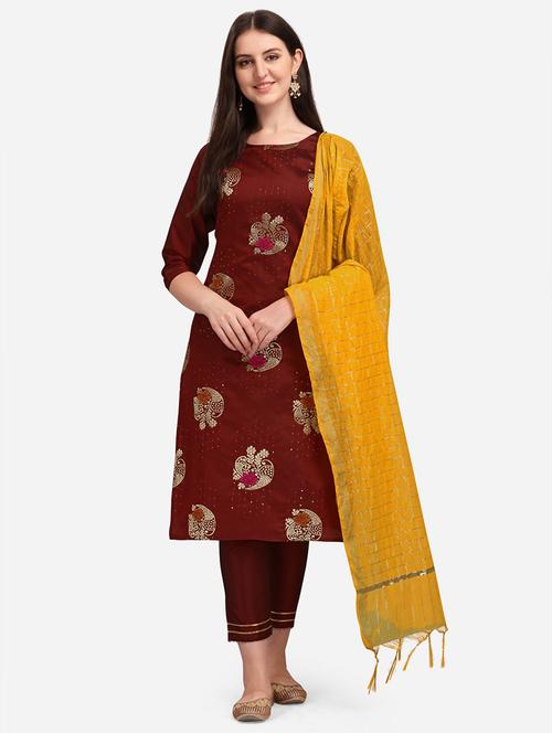 maroon round neck kurta pant set with dupatta - 20195359 - Very Small Image - 1