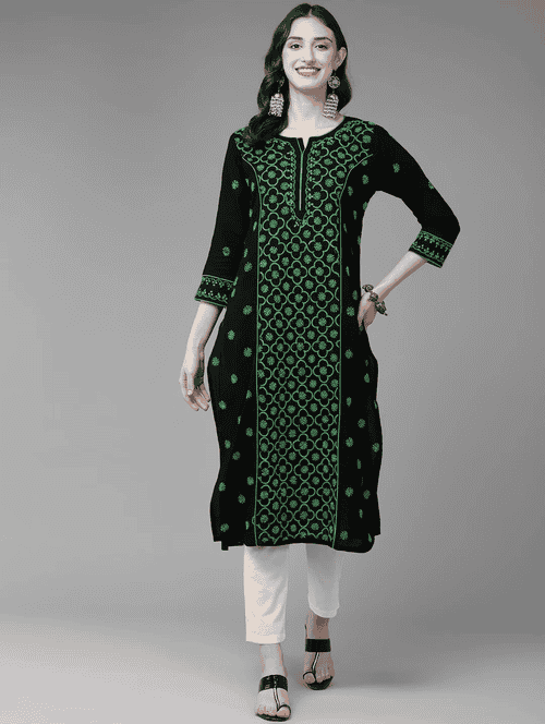 cotton black women chikankari straight kurta - 20196816 - Very Small Image - 1