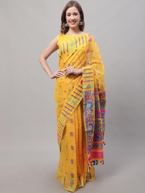 yellow cotton blend jamdani saree - 20197114 - Very Small Image - 1