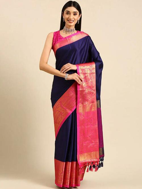 women's self design navy blue colored saree with blouse - 20199620 - Very Small Image - 1