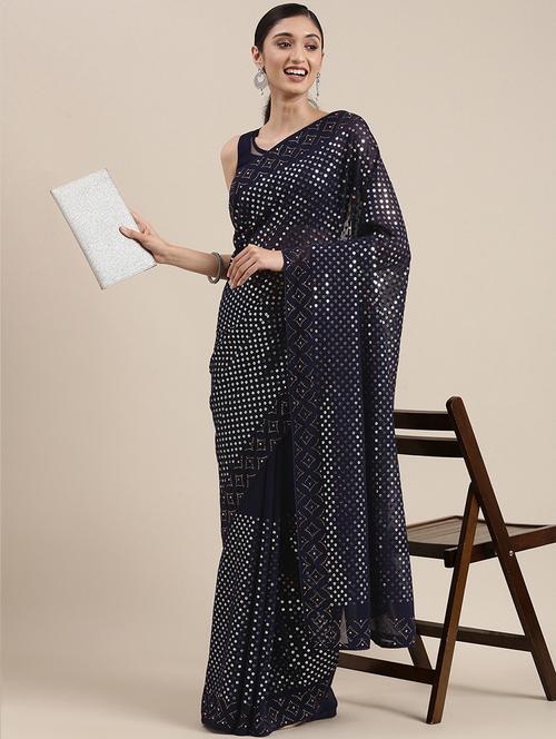 dark blue organza saree with blouse - 20201990 - Very Small Image - 1