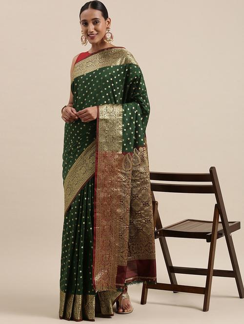 dark green cotton silk banarasi saree with blouse - 20202122 - Very Small Image - 1