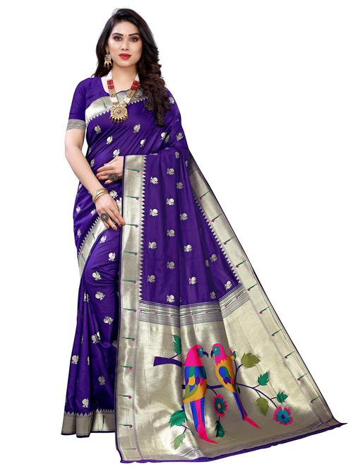 dark blue art silk paithani saree with blouse - 20202173 - Very Small Image - 1
