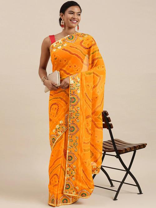 yellow georgette bandhani saree - 20202426 - Very Small Image - 1