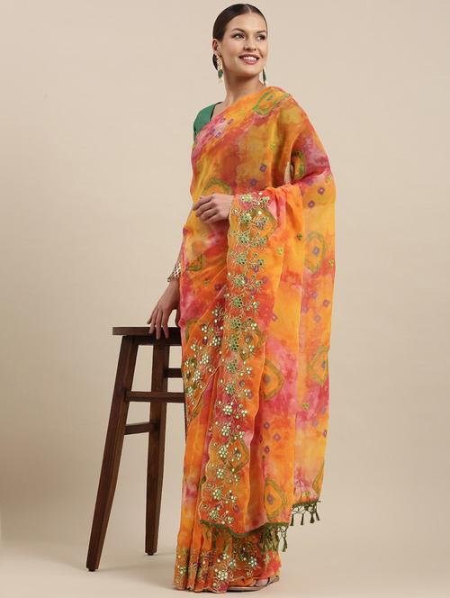 yellow georgette bandhani saree with blouse - 20202659 - Very Small Image - 1