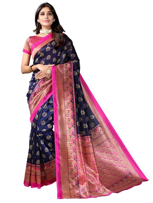 dark blue self design banarasi saree with blouse - 20203850 - Very Small Image - 1