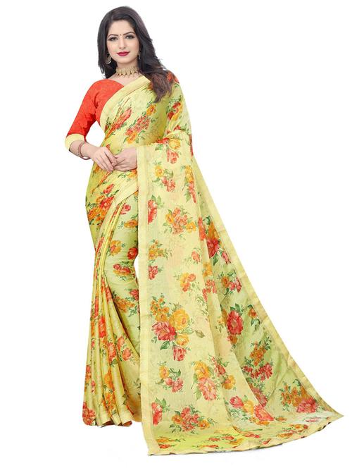 yellow printed saree with blouse - 20204361 - Very Small Image - 1