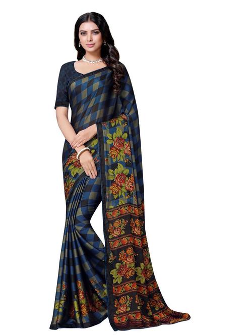 dark blue checkered saree with blouse - 20204378 - Very Small Image - 1