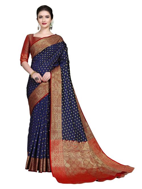 dark blue self design kanjivaram saree with blouse - 20204446 - Very Small Image - 1