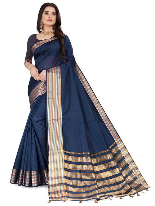 dark blue strpes bordered saree with blouse - 20204514 - Very Small Image - 1