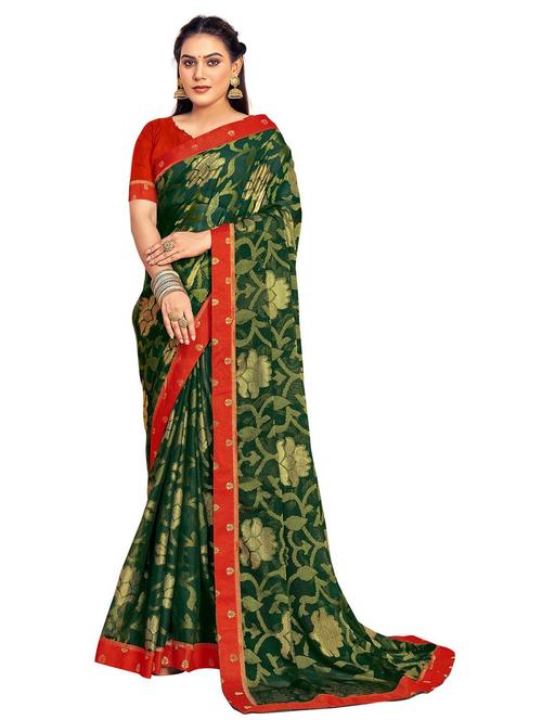 dark green floral bordered saree - 20204636 - Very Small Image - 1