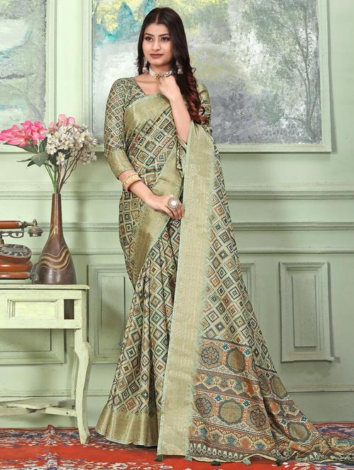 green tussar silk saree with blouse - 20204672 - Very Small Image - 1