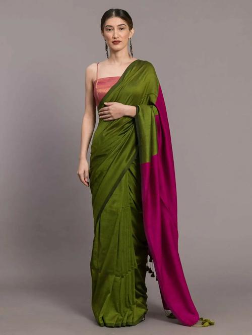 women's color block olive colored saree with blouse - 20204871 - Very Small Image - 1