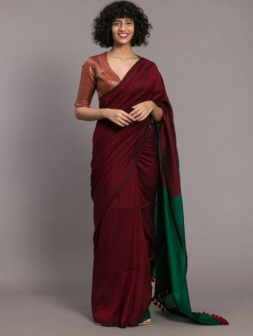 women's color block maroon colored saree with blouse - 20204908 - Very Small Image - 1