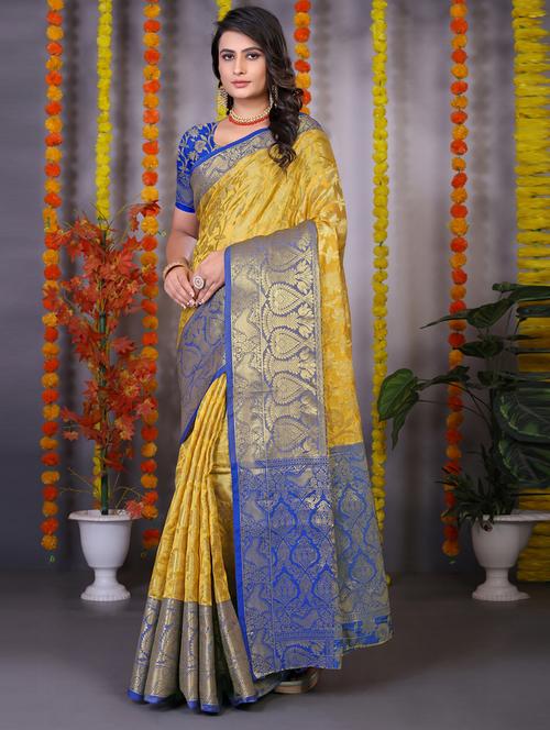 yellow organza banarasi saree with blouse - 20207299 - Very Small Image - 1
