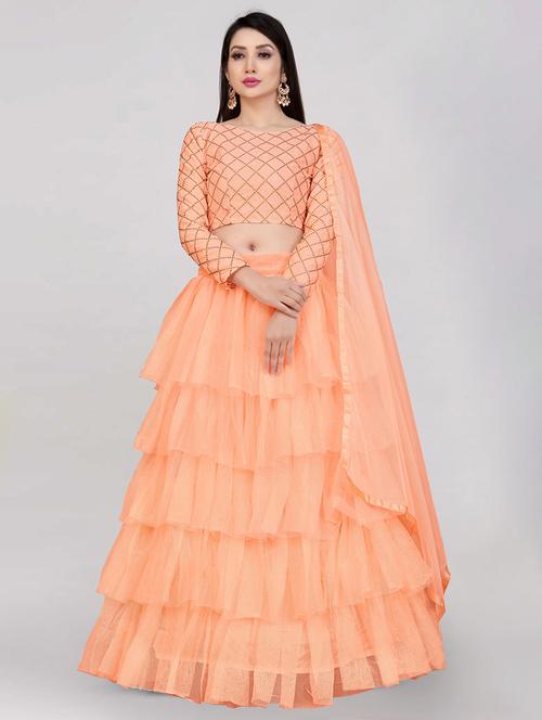 orange semi-stitched flared lehenga - 20208391 - Very Small Image - 1