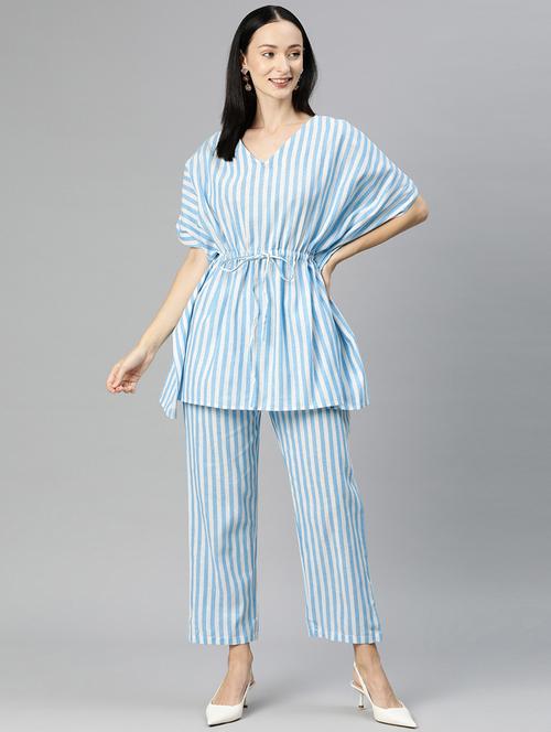 blue v neck striped kaftan top and trouser co-ord set  - 20209252 - Very Small Image - 1