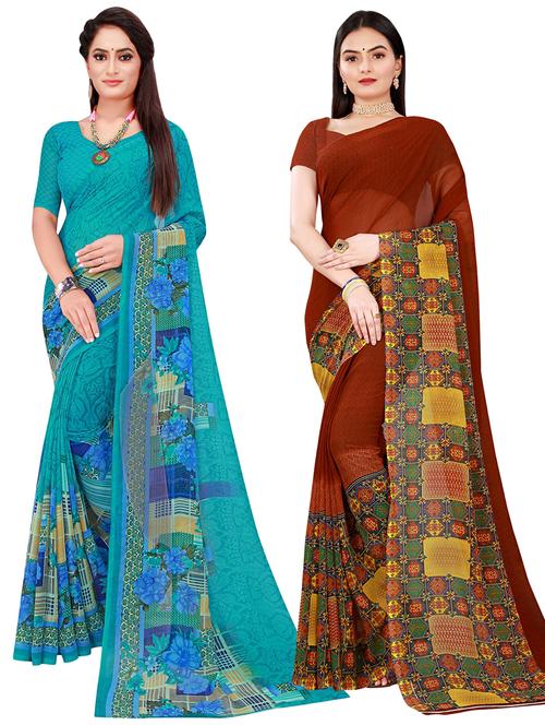 women's printed blue colored saree with blouse - 20209796 - Very Small Image - 1