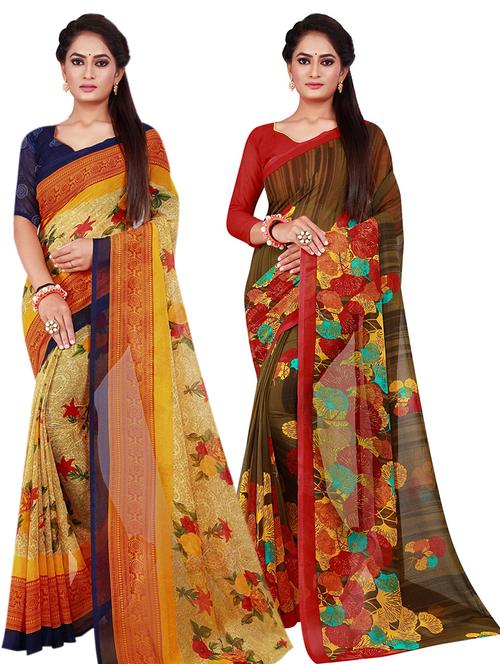 pack of 2 printed sarees with blouse - 20211074 - Very Small Image - 1