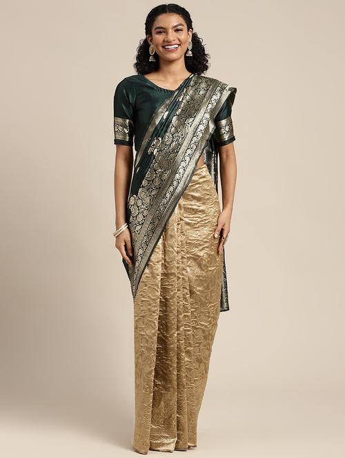 half & half golden border jacquard work banarasi saree with blouse - 20212126 - Very Small Image - 1