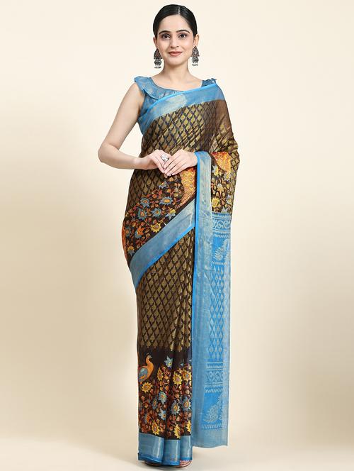 women's printed black colored saree with blouse - 20214413 - Very Small Image - 1