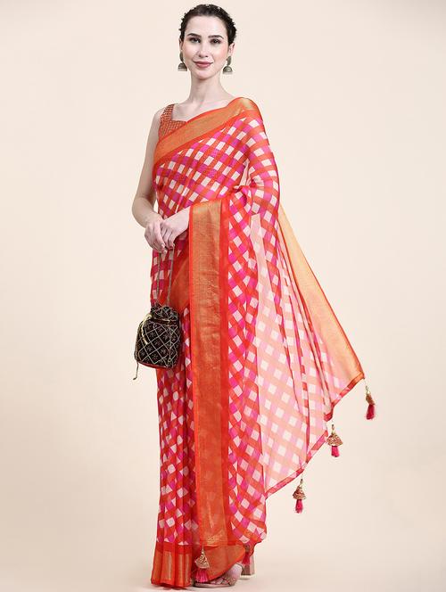 women's checks red colored saree with blouse - 20214423 - Very Small Image - 1