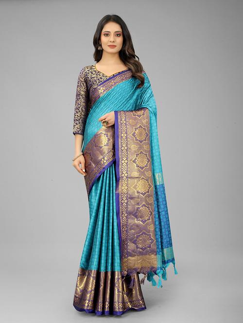 women light blue banarasi cotton silk saree with blouse - 20215604 - Very Small Image - 1