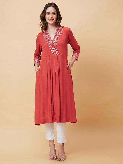 globus women brown embroidered yoke pleated flared hem a-line kurta - 20221126 - Very Small Image - 1