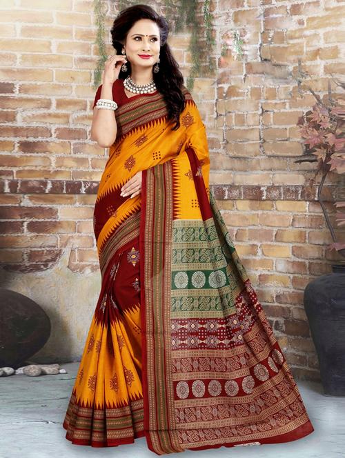 women's block print mustard colored saree - 20223213 - Very Small Image - 1