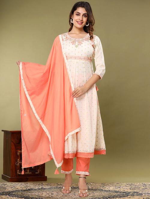 cream round neck kurta pant set with dupatta - 20223812 - Very Small Image - 1