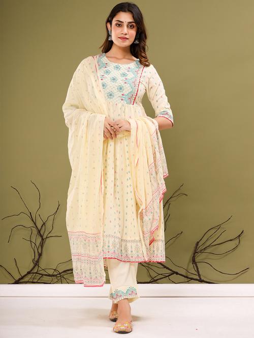 cream round neck kurta pant set with dupatta - 20223851 - Very Small Image - 1