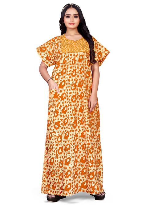 women mustard batik print short sleeves nighty - 20223887 - Very Small Image - 1