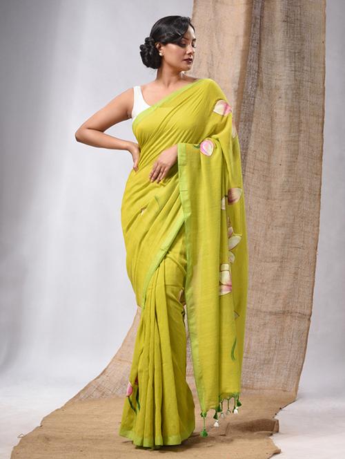women's floral lemon colored saree with blouse - 20225284 - Very Small Image - 1