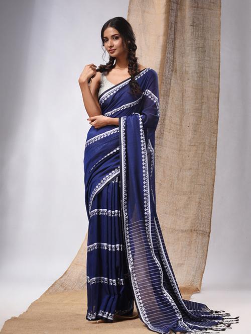 women's stripes navy blue colored saree with blouse - 20225346 - Very Small Image - 1