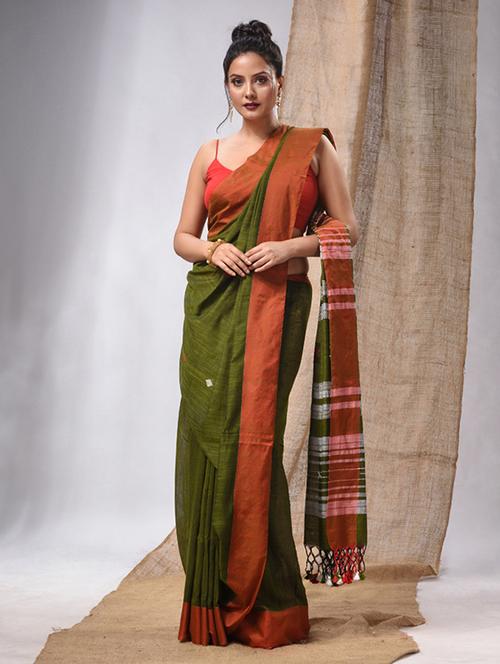 women's stripes olive colored saree with blouse - 20225369 - Very Small Image - 1