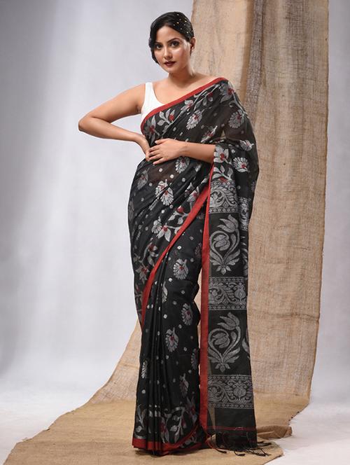 women's self design black colored saree with blouse - 20225374 - Very Small Image - 1