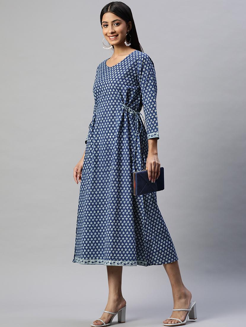 blue round neck a-line ethnic dress - 20225498 - Standard Image - 2
