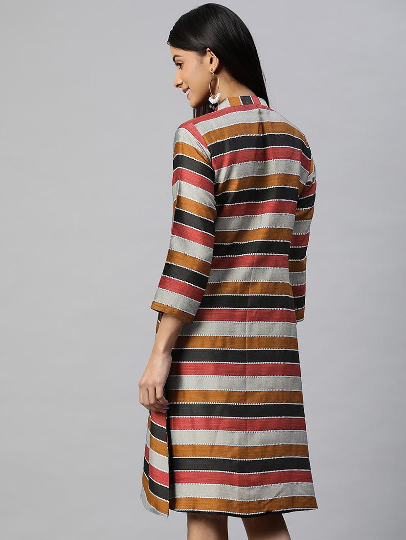 women multi color stripes mandarin neck a-line dress - 20225515 - Zoom Image - 2