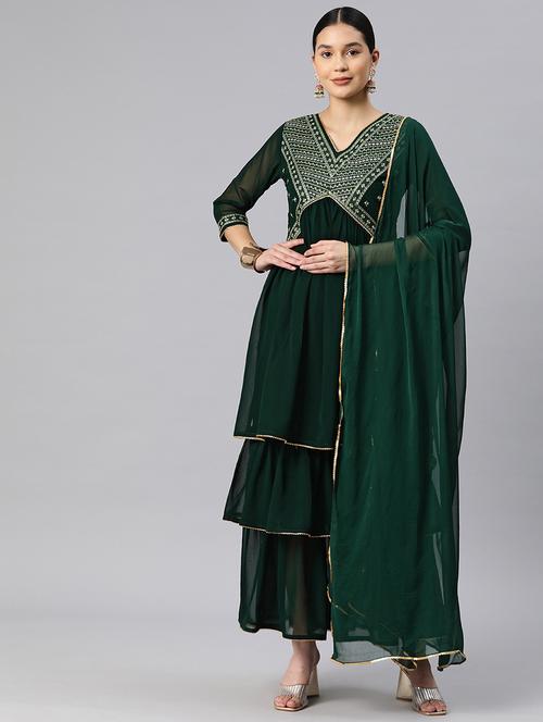 women green kurta sharara set with dupatta - 20225534 - Very Small Image - 1