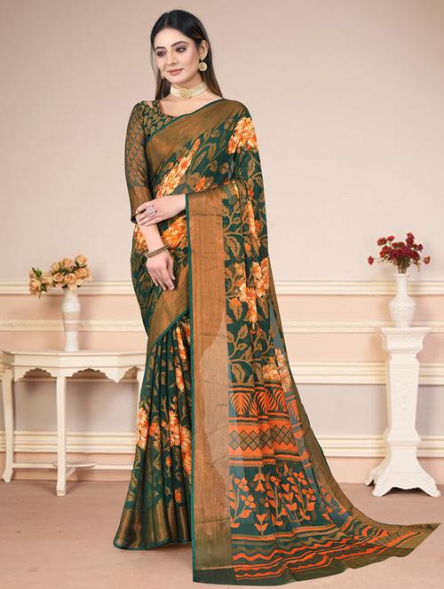 women green floral printed saree with blouse - 20236647 - Very Small Image - 1