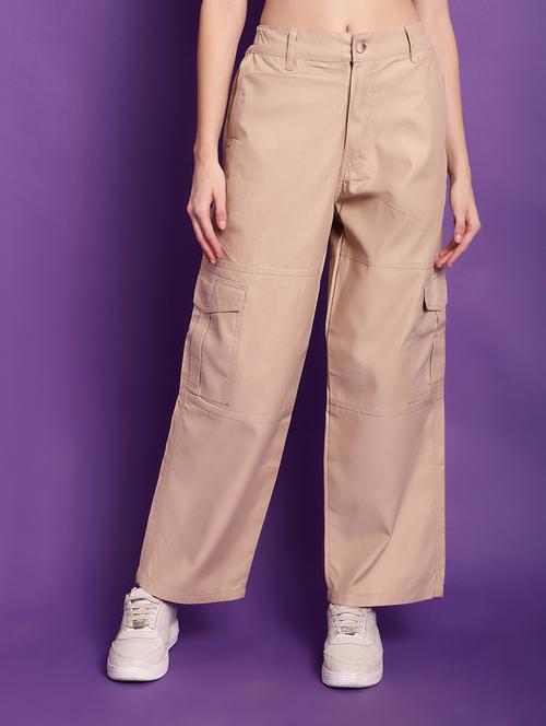 beige solid high rise cargo trouser - 20240144 - Very Small Image - 1