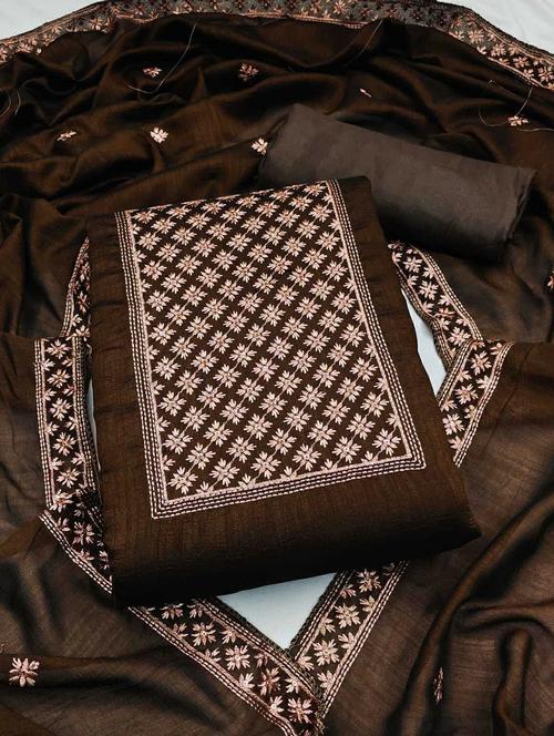 brown solid with work unstitched suit set - 20245069 - Very Small Image - 1