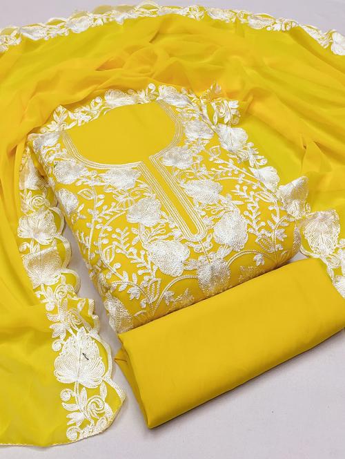yellow solid with work unstitched suit set - 20245247 - Very Small Image - 1