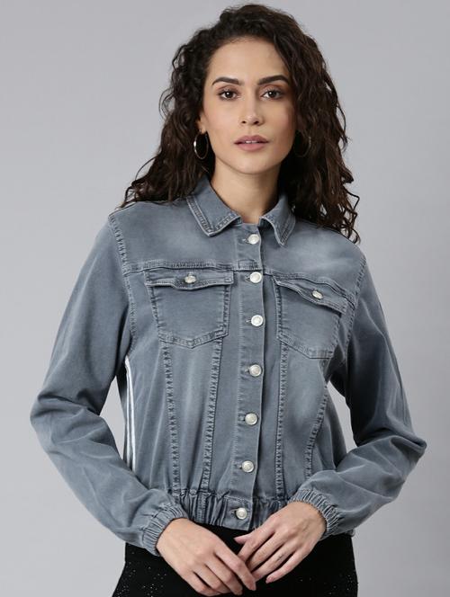 Grey Solid Long Sleeves Denim Jacket - 20249112 - Very Small Image - 1