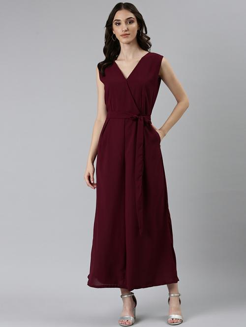 maroon solid sleeveless full length jumpsuit - 20249113 - Very Small Image - 1