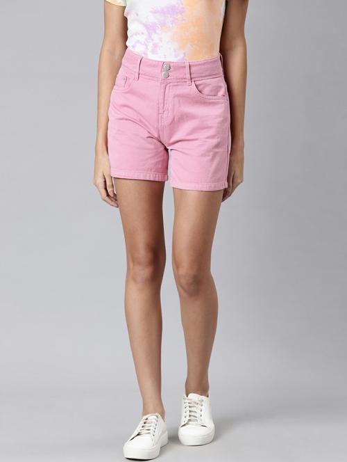 pink solid mini denim shorts - 20249281 - Very Small Image - 1