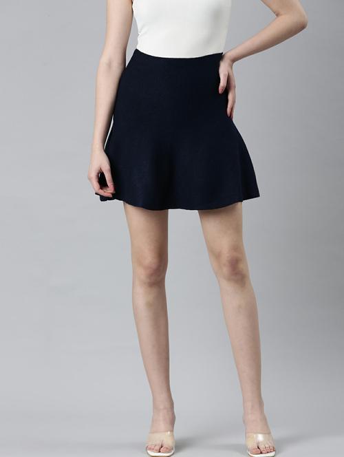 navy blue solid high rise skater skirt - 20249448 - Very Small Image - 1