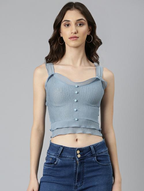 blue solid shoulder strap crop top - 20249458 - Very Small Image - 1